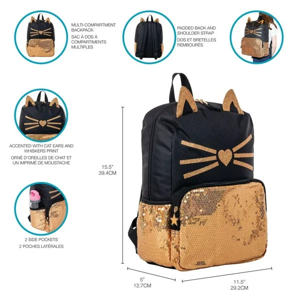 Sac à dos chat noir et or avec sequins dorés, oreilles de chat et moustaches