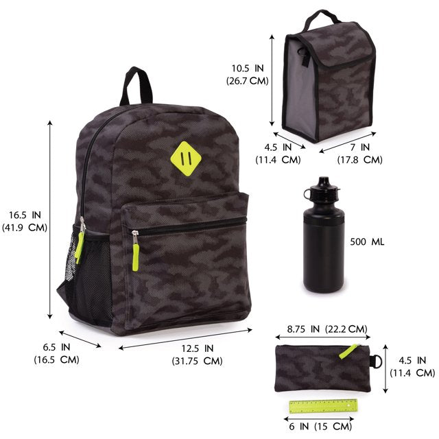 Ensemble 4 Pièces Sac à Dos Camouflage Noir et Jaune Fluo