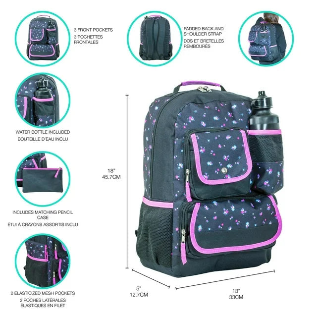 Ensemble Sac à Dos Floral Noir et Rose - Trousse et Bouteille Incluses