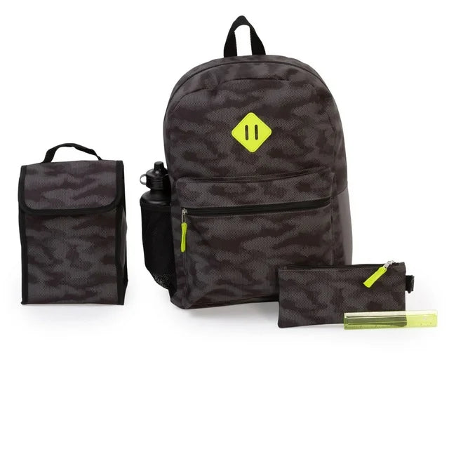 Ensemble 4 Pièces Sac à Dos Camouflage Noir et Jaune Fluo