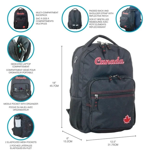 Sac à dos Noir Canada pour l'école avec compartiment pour ordinateur portable