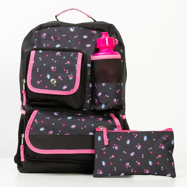 Ensemble Sac à Dos Floral Noir et Rose - Trousse et Bouteille Incluses